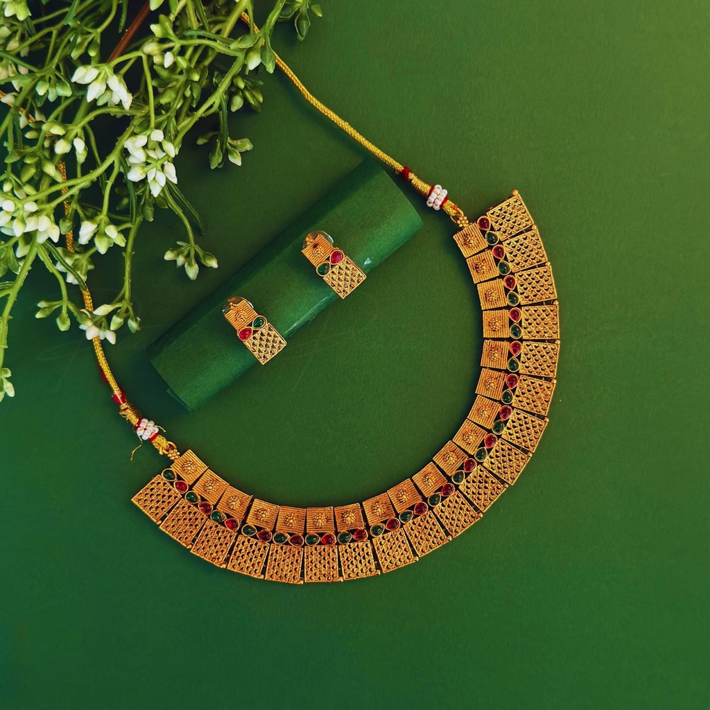 Antique Gold Ruby Emerald Necklace Choker Earring Set 1010