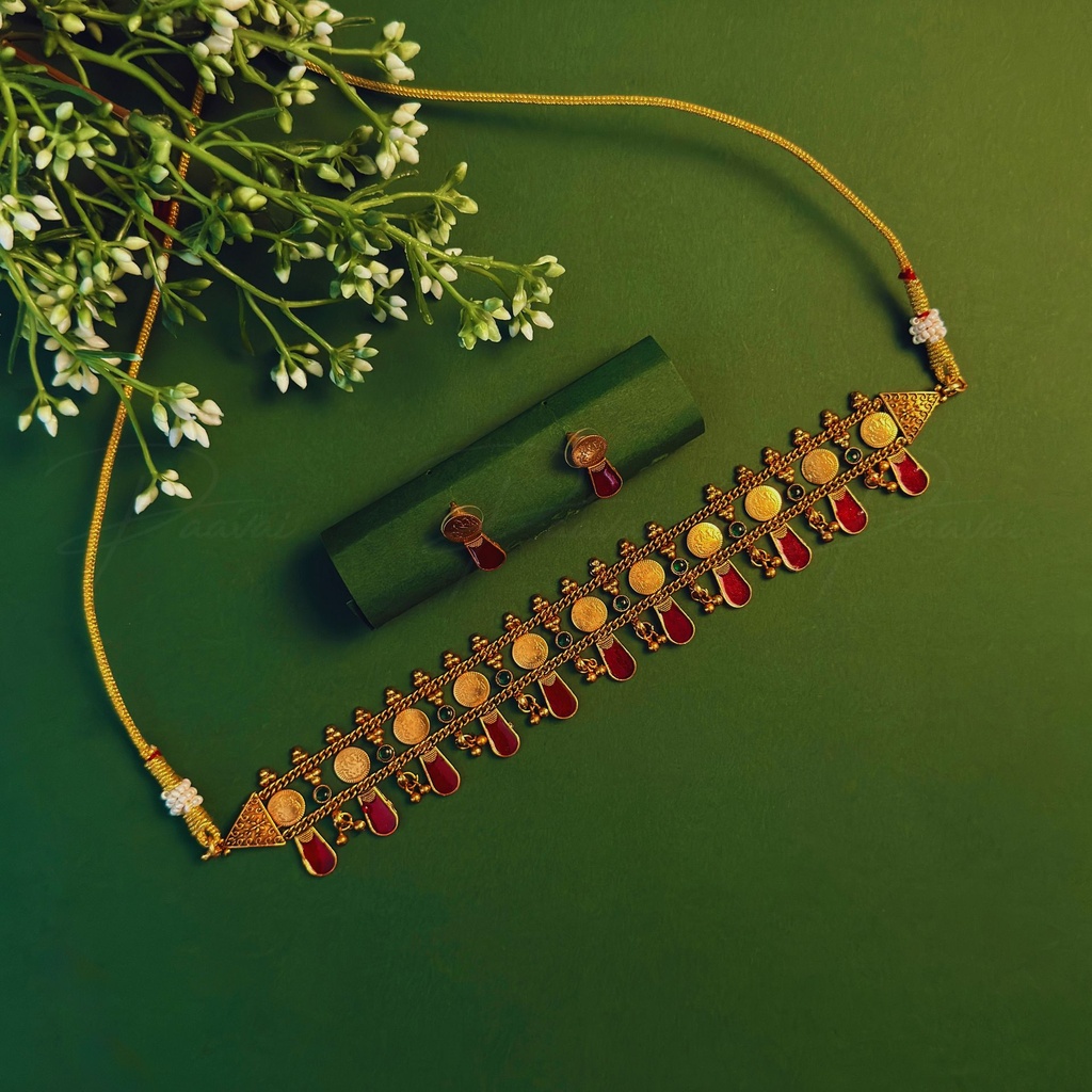Antique Gold Ruby Red Necklace Choker Earring Set 1031