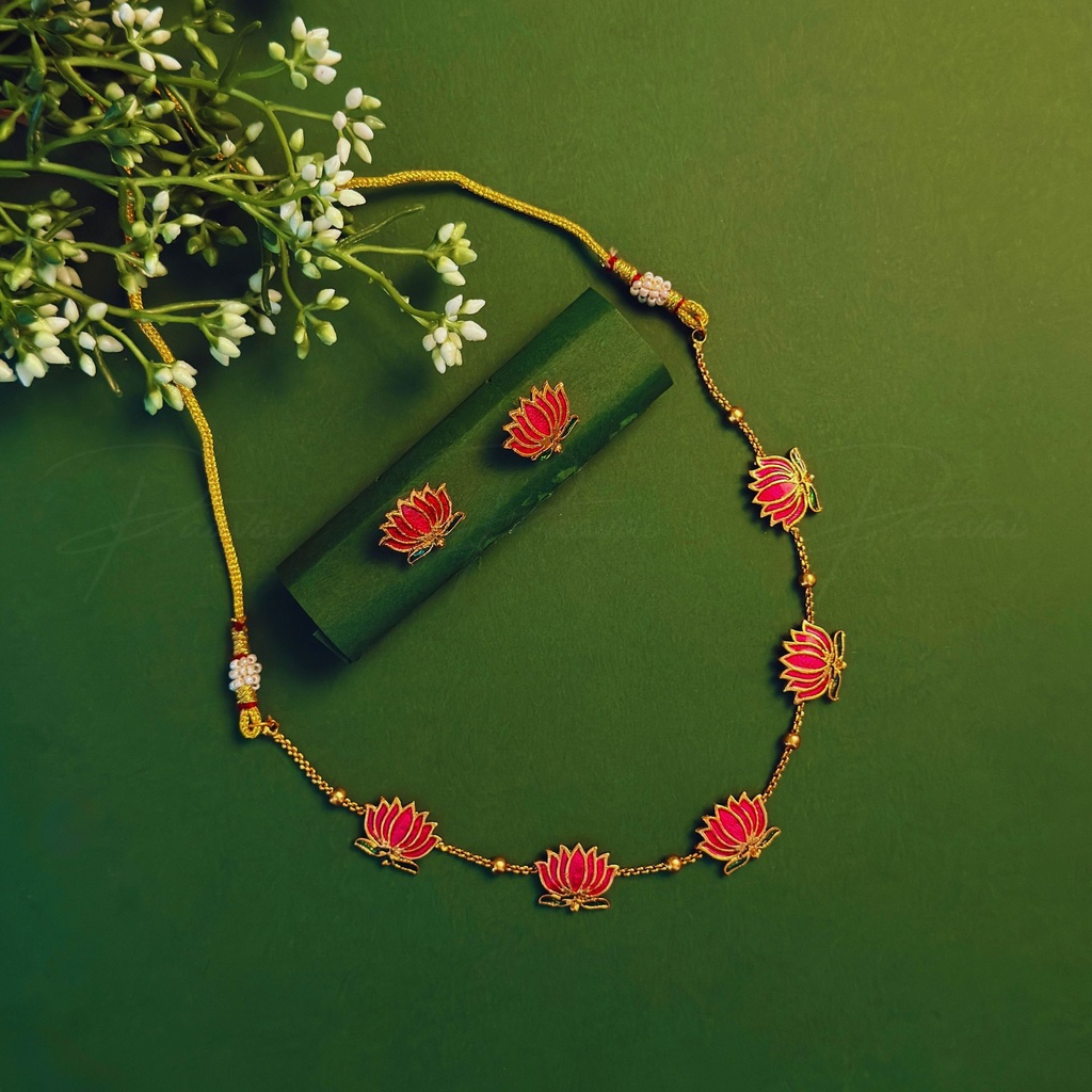 Traditional Lotus Gold Pink Necklace Stud Short 1038