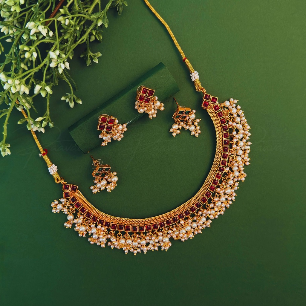 Gold Pearl Stone Necklace Earring Short Set 1006