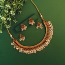 Gold Pearl Stone Necklace Earring Short Set 1006