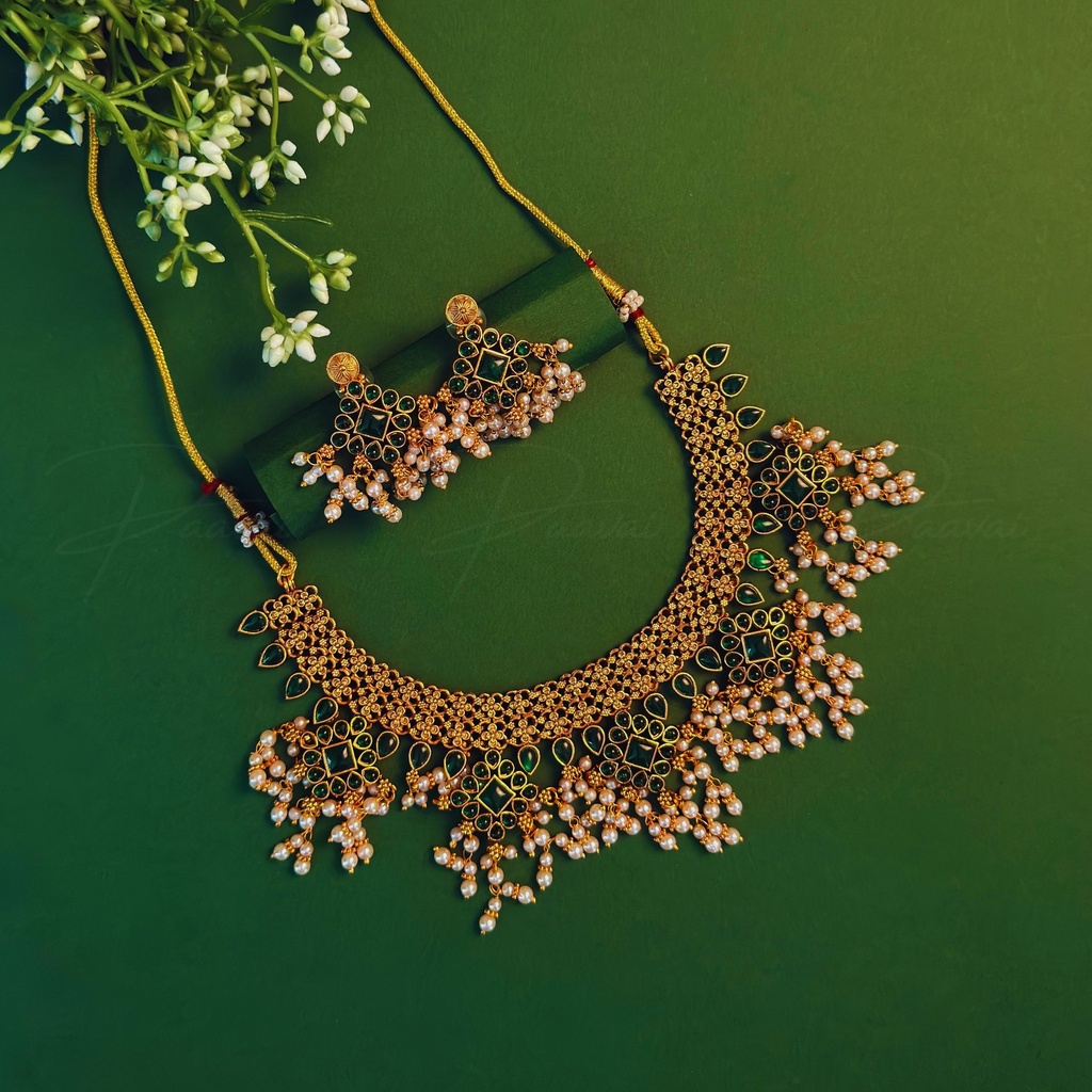 Antique Gold Pearl Stone Necklace Earring Short Set 1034