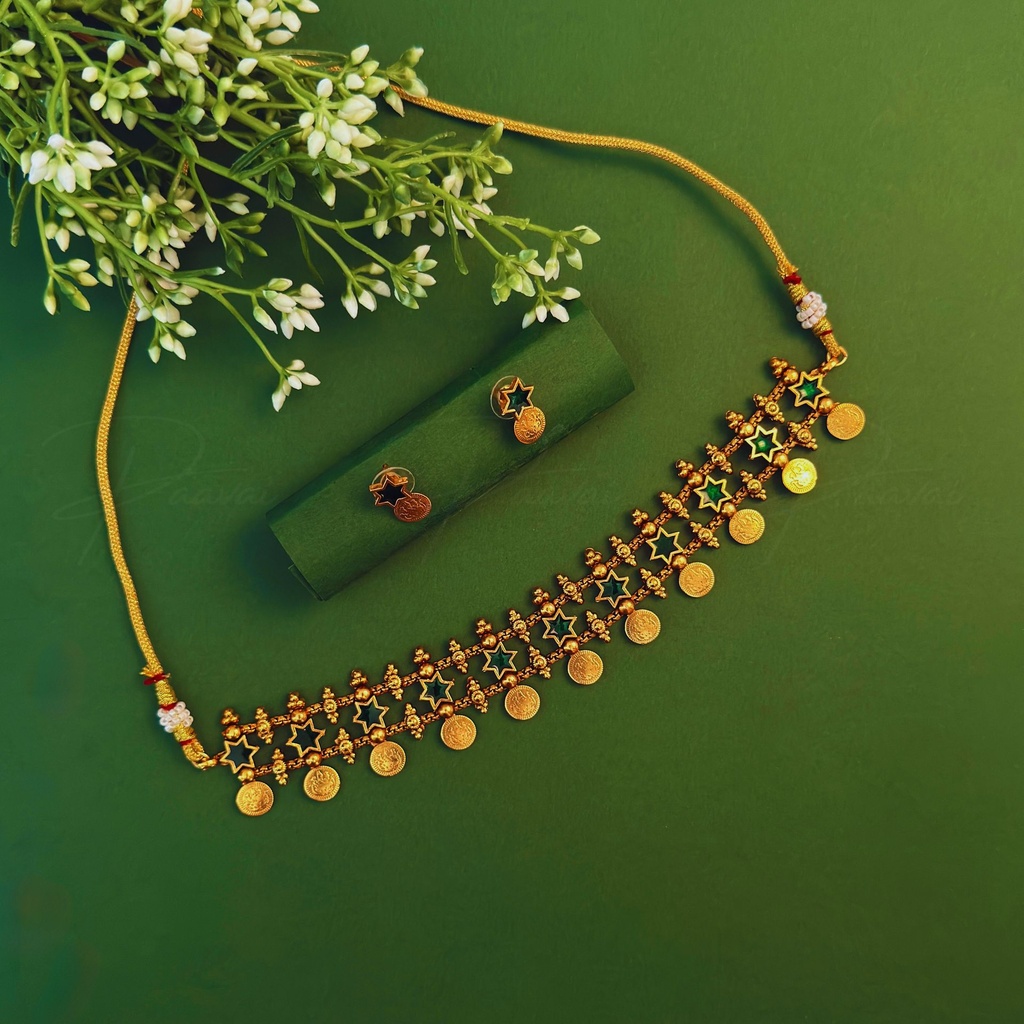 Antique Coin Gold Green Necklace Short 1017