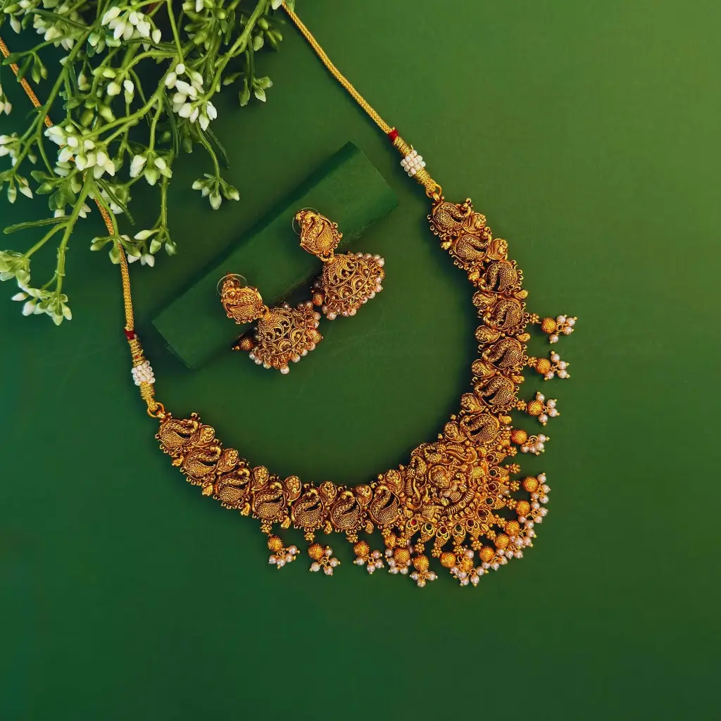 Royal Gold Pearl Necklace Jhumka Short Set 1009