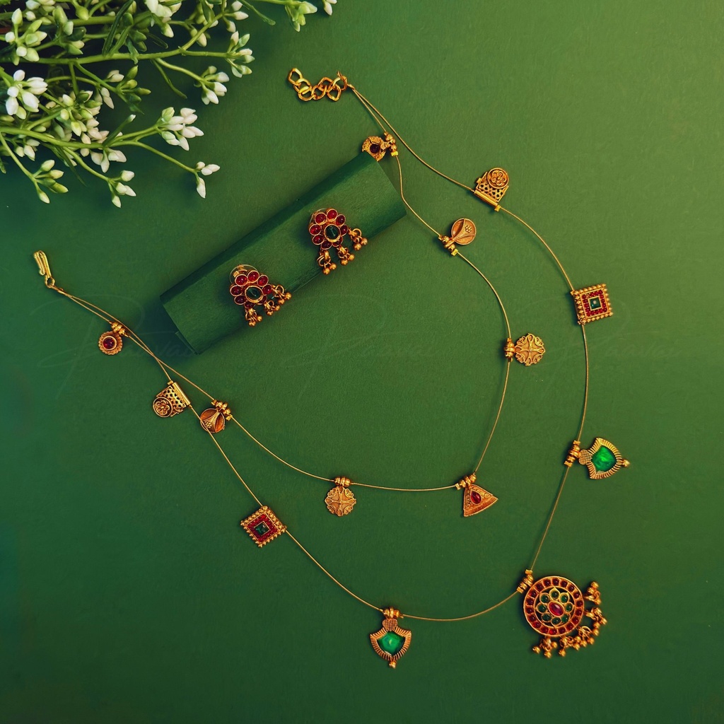 Festive Ruby Green Necklace Earring Pendant Chain Set 1025