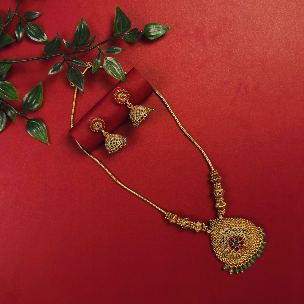 Premium Gold Stone Green Necklace Set 2004