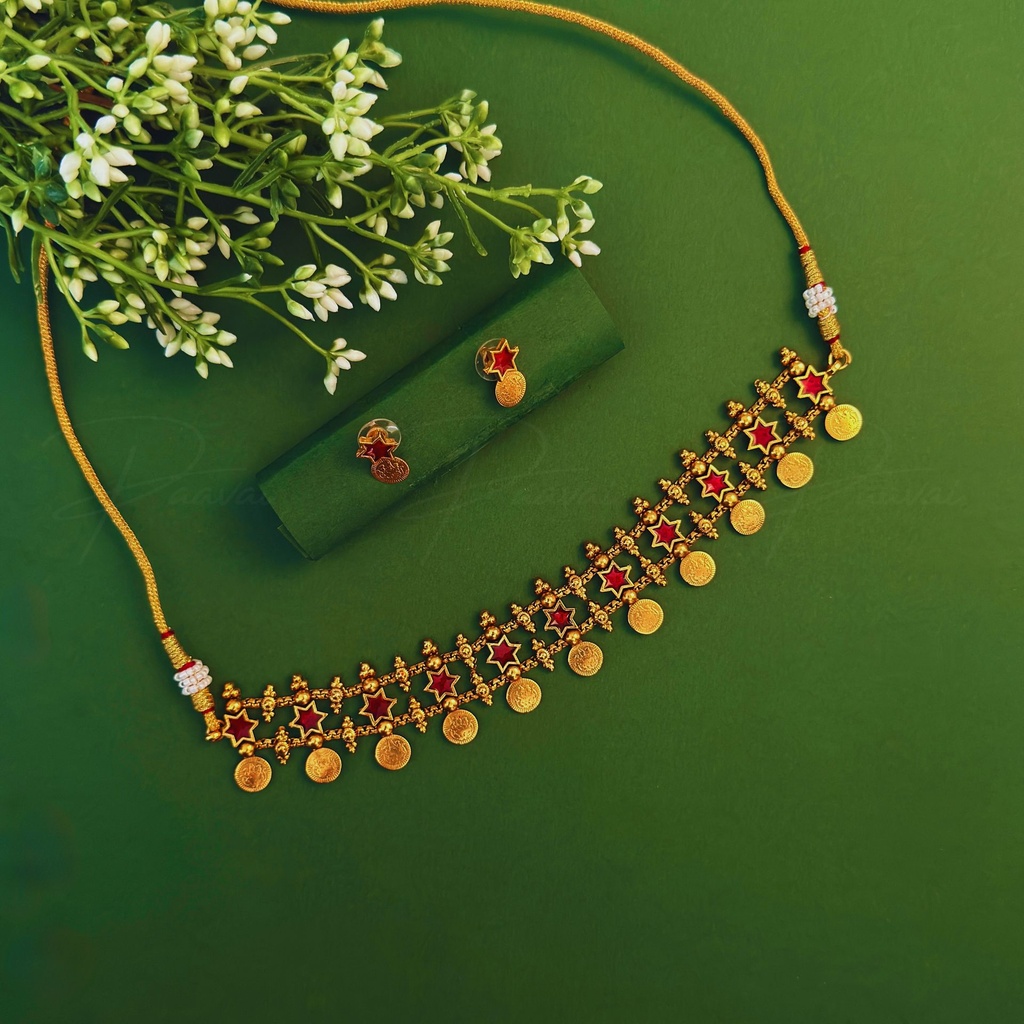 Antique Coin Gold Red Necklace Short 1018