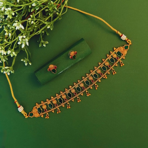 Antique Gold Ruby Green Necklace Choker Earring Set 1011
