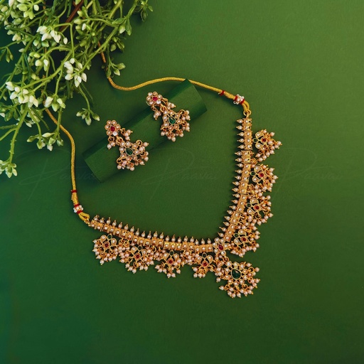 Traditional Pearl Ruby Green Necklace Earring Short Set 1008