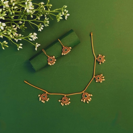 Traditional Floral Pearl Stone Necklace Earring Short Set 1024