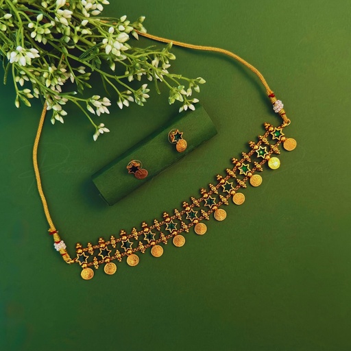 Antique Coin Gold Green Necklace Short 1017