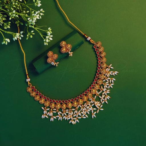 Antique Gold Pearl Stone Necklace Earring Short Set 1036