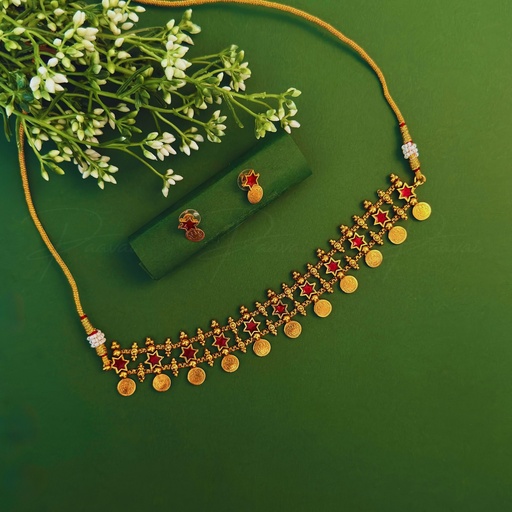 Antique Coin Gold Red Necklace Short 1018