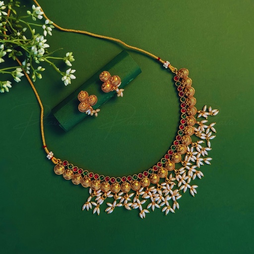 Antique Gold Pearl Stone Necklace Earring Short Set 1037